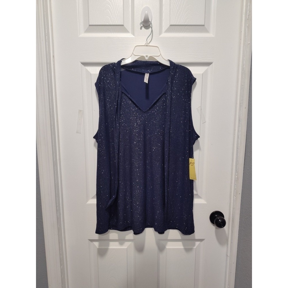 PerSeption Woman Sleeveless Tie Neck Blouse Top Navy Shimmer Sparkle Size 1X NWT